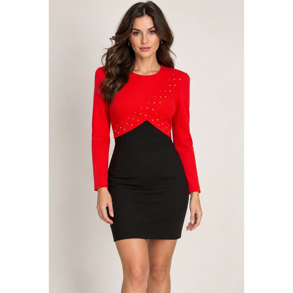 80s Glam Red Black Bodycon Dress Gold Studded Bolero Size 8 Cocktail Party